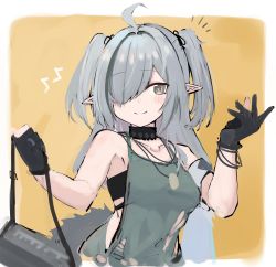 Rule 34 | 1girl, ahoge, arknights, asususususu, bare shoulders, black collar, black gloves, blush, breasts, brown background, closed mouth, collar, collarbone, commentary, crocodilian tail, gloves, grey eyes, grey hair, hair over one eye, hands up, highres, holding, long hair, looking at viewer, medium breasts, partially fingerless gloves, pointy ears, romaji commentary, smile, solo, tail, tomimi (arknights), torn clothes, two-tone background, two side up, upper body, white background