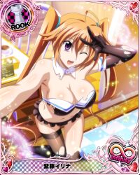 Rule 34 | 1girl, bikini, breasts, card (medium), cleavage, female focus, gloves, high school dxd, highres, large breasts, long hair, looking at viewer, navel, official art, one eye closed, open mouth, orange hair, purple eyes, shidou irina, smile, solo, swimsuit, thighhighs, torn clothes, torn gloves, torn thighhighs, twintails, v, wink