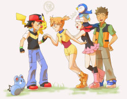 Rule 34 | 2boys, 2girls, ash ketchum, azurill, bare shoulders, baseball cap, beanie, boots, brock (pokemon), brown hair, child, closed eyes, creatures (company), d-nezumi, dawn (pokemon), fingerless gloves, game freak, gen 1 pokemon, gen 3 pokemon, gen 4 pokemon, gloves, grin, hair ornament, hand on own hip, hat, heart, hip focus, holding hands, laughing, long hair, misty (pokemon), multiple boys, multiple girls, nintendo, open mouth, pikachu, pink footwear, piplup, pokemon, pokemon (anime), pokemon (creature), pokemon dppt (anime), pokemon rse (anime), pushing, red scarf, scarf, shoes, short hair, shorts, side ponytail, simple background, skirt, smile, sneakers, vest
