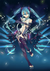 Rule 34 | 1girl, anklet, aqua hair, barefoot, bridal gauntlets, center opening, feet, green eyes, hatsune miku, hatsune miku (append), highres, jewelry, long hair, navel, necktie, smile, solo, tajador, thighhighs, toeless legwear, toes, twintails, very long hair, vocaloid, vocaloid append, wings