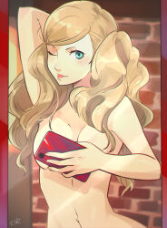 Rule 34 | 1girl, blonde hair, breasts, convenient censoring, medium breasts, nude, one eye closed, persona, persona 5, phone, selfie, smile, takamaki anne, tongue, tongue out, wink