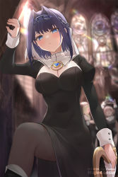 Rule 34 | 3girls, alternate costume, artist name, black dress, black pantyhose, blonde hair, blue eyes, breasts, ceres fauna, chain, chain headband, cleavage, cleavage cutout, closed mouth, clothing cutout, dress, holding, hololive, hololive english, large breasts, long hair, looking at viewer, mujinbensin, multiple girls, nanashi mumei, nun, ouro kronii, pantyhose, patreon username, purple hair, short hair, solo, virtual youtuber