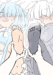 Rule 34 | 2girls, absurdres, arona (blue archive), ass, blue archive, blue hair, blush, braid, colored inner hair, feet, foot focus, hair over one eye, highres, holding another&#039;s foot, kuragesensei, long hair, multicolored hair, multiple girls, panties, pantyhose, plana (blue archive), short hair, sketch, skirt, soles, steam, steaming body, striped clothes, striped panties, sweat, underwear, white hair