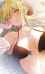 Rule 34 | 1girl, black bra, black ribbon, blonde hair, blue nails, bow, bow bra, bra, braid, breasts, choker, commentary, fate/grand order, fate (series), french braid, grey eyes, hair ribbon, halterneck, highres, lace, lace-trimmed bra, lace trim, long hair, looking at viewer, lying, march ab, morgan le fay (fate), nail polish, on back, parted lips, ribbon, sidelocks, solo, underwear