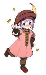 Rule 34 | &gt;:), 1girl, beret, brown gloves, brown hat, brown pants, chinese commentary, coin, commentary request, dress, elbow gloves, final fantasy, final fantasy xiv, fingerless gloves, full body, gloves, hand on own hip, hat, hat feather, highres, lalafell, looking at viewer, outstretched arm, pants, pink dress, pointy ears, purple eyes, purple hair, red footwear, shoes, short hair, simple background, solo, standing, standing on one leg, tataru taru, v, v-shaped eyebrows, white background, wuliu heihuo