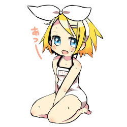 Rule 34 | 1girl, blonde hair, blue eyes, bow, fang, hair bow, hair ornament, hairclip, kagamine rin, looking at viewer, one-piece swimsuit, open mouth, poyopoyo23, school swimsuit, seiza, simple background, sitting, solo, sweat, sweatdrop, swimsuit, vocaloid, white background, white one-piece swimsuit