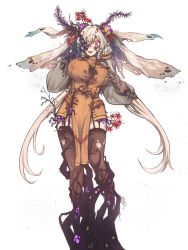 Rule 34 | 1girl, :d, ahoge, antenna hair, braid, breasts, brown thighhighs, covered erect nipples, dress, flower, furrowed brow, garter straps, gloves, grey gloves, head wings, highres, insect wings, large breasts, long hair, long sleeves, looking at viewer, moth antennae, nyong nyong, open mouth, orange dress, original, red eyes, red flower, short dress, side braids, silver hair, simple background, skindentation, smile, solo, spider lily, teeth, thighhighs, torn clothes, torn thighhighs, torn wings, very long hair, white background, white wings, wings, zettai ryouiki