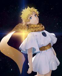 Rule 34 | 1boy, baggy clothes, blonde hair, blue eyes, bright pupils, fate/grand order, fate/requiem, fate (series), glowing, highres, kouzuki kei, light, looking at viewer, male focus, parted bangs, scarf, short sleeves, sky, smile, solo, space, star (sky), star (symbol), starry background, starry sky, voyager (fate), voyager (first ascension) (fate), yellow scarf