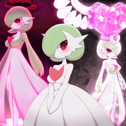Rule 34 | 1girl, arms at sides, bare shoulders, blush, bob cut, bow, breasts, cleavage, closed mouth, collarbone, colored skin, creatures (company), dress, dynamax, elbow gloves, female focus, full body, game freak, gardevoir, gen 3 pokemon, giant, giantess, gloves, green hair, green skin, hair over one eye, hat, heart, highres, long dress, looking at viewer, looking down, medium breasts, mega gardevoir, mega pokemon, multicolored skin, multiple views, nintendo, one eye covered, open mouth, own hands together, pink gemstone, pink headwear, pokemon, pokemon (creature), red eyes, short hair, smoke, standing, strapless, strapless dress, terastallization, two-tone skin, v arms, white bow, white dress, white gloves, white skin, x (zvkm7328)