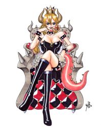 Rule 34 | 1girl, armlet, bare shoulders, black dress, blonde hair, blue eyes, boots, bowsette, bracelet, breasts, breath weapon, breathing fire, chair, collar, collarbone, crossed legs, crown, dress, earrings, fire, horns, jewelry, large breasts, long hair, looking at viewer, mario (series), new super mario bros. u deluxe, nintendo, oda eiichirou (style), parody, pointy ears, rofta 55, sharp teeth, simple background, sitting, solo, spiked armlet, spiked bracelet, spiked collar, spiked shell, spiked tail, spikes, strapless, strapless dress, style parody, super crown, tail, teeth, throne, transformation, turtle shell, white background