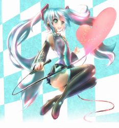 Rule 34 | 1girl, boots, checkered background, detached sleeves, edaman, hatsune miku, heart, long hair, microphone, necktie, skirt, solo, thigh boots, thighhighs, twintails, very long hair, vocaloid