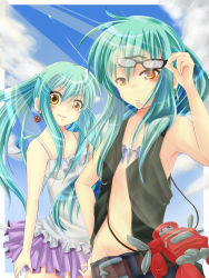Rule 34 | 00s, 1boy, 1girl, aqua hair, artist colorb05, az (colorb05), bad id, bad pixiv id, belt, blue hair, brother and sister, camisole, dress, duel monster, earrings, unworn eyewear, figure, frills, glasses, hand on own hip, highres, hip focus, holding, holding removed eyewear, jewelry, kuriboh, long hair, luca (yu-gi-oh!), morphtronic boomboxen, necklace, orange eyes, ponytail, siblings, skirt, smile, twins, twintails, vest, yellow eyes, yoru (77957792), yu-gi-oh!, yu-gi-oh! 5d&#039;s
