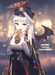 Rule 34 | 1girl, artist name, bag, black jacket, blue archive, bow, braid, collared shirt, cracker, ctiahao, demon wings, eating, food, halo, handbag, haruna (blue archive), hat, high-waist skirt, highres, jacket, jacket on shoulders, long hair, looking at viewer, necktie, open clothes, open jacket, open mouth, shirt, short hair, silver hair, skirt, smile, solo, sparkle, sparkle background, very short hair, white shirt, wings