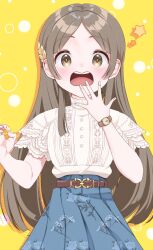Rule 34 | 1girl, belt, belted skirt, blue skirt, blush, brown belt, brown eyes, brown hair, buttons, check commentary, commentary request, dot nose, floral print, gakuen idolmaster, hair ornament, hand up, highres, idolmaster, kuramoto china, lace, lace-trimmed shirt, lace trim, leaf hair ornament, long hair, looking at viewer, mameiriko, open mouth, shirt, short sleeves, sidelocks, skirt, solo, star (symbol), surprised, teeth, upper teeth only, watch, white shirt, wristwatch, yellow background