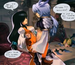 Rule 34 | 1girl, 2boys, 2others, ankle boots, arm around waist, armor, black hair, bodysuit, boots, breasts, brown footwear, brown gloves, cleavage, english text, feather hair ornament, feathers, final fantasy, final fantasy ix, garnet til alexandros xvii, gloves, hair ornament, hair over eyes, imminent rape, jewelry, knight, kuja, leather, leather boots, leather gloves, leg grab, leg lift, long hair, long sleeves, low-tied long hair, low ponytail, medium breasts, midriff, multiple boys, multiple others, netorare, optionaltypo, orange bodysuit, pauldrons, pendant, puffy long sleeves, puffy sleeves, purple hair, shoulder armor, sideways mouth, speech bubble, zidane tribal