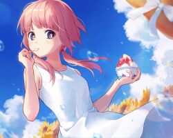 Rule 34 | 1girl, absurdres, bare shoulders, blue eyes, blue sky, blunt bangs, breasts, bright pupils, brown hat, closed mouth, cloud, collarbone, commentary request, cowboy shot, cup, day, disposable cup, dress, film grain, flower, food, hands up, hat, hat ribbon, highres, holding, holding cup, holding food, holding spoon, kaf (kamitsubaki studio), kamitsubaki studio, lens flare, long hair, looking at viewer, low twintails, memori (egachachachan), multicolored eyes, outdoors, pink hair, red eyes, ribbon, shaved ice, sideways glance, sky, sleeveless, sleeveless dress, small breasts, solo, spoon, straw hat, sundress, sunflower, twintails, unworn hat, unworn headwear, virtual youtuber, water drop, white dress, white ribbon, wind, yellow flower, yellow pupils