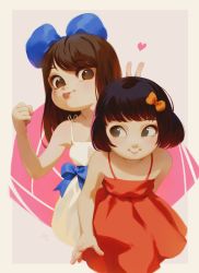Rule 34 | 2girls, :o, alkemanubis, black hair, blue bow, bow, brown eyes, child, clenched hand, commentary, dress, english commentary, flat chest, hair bow, heart, highres, long hair, looking at another, multiple girls, orange bow, original, parted bangs, red dress, short hair, sleeveless, sleeveless dress, v, white dress, yuri