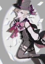Rule 34 | 1boy, asymmetrical bangs, black hat, black thighhighs, blonde hair, bow, bowtie, cape, finger to mouth, frilled leotard, frills, genshin impact, hat, highres, latte (kuailaiyibeibingnatie), leotard, lyney (genshin impact), male focus, pink bow, pink bowtie, purple cape, purple eyes, short hair, smile, solo, standing, standing on one leg, thighhighs, top hat, two-tone gloves