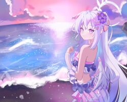 azusa_(blue_archive) beach blue_archive cloud flower frills halo highres looking_at_viewer ocean original pastel_colors ribbon scenery sparkle sunset swimsuit tenshi_(sayoritenshi) water waves white_hair wings