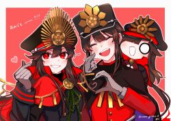 Rule 34 | artist name, black cape, black hair, brother and sister, cape, cheek pinching, chibi, closed eyes, crest, family crest, fate/grand order, fate (series), finger heart, grin, hat, heart hands failure, highres, keikenchi (style), long hair, low ponytail, medallion, military hat, mini nobu (fate), oda nobukatsu (fate), oda nobunaga (fate), oda nobunaga (koha-ace), oda uri, peaked cap, pinching, red cape, red eyes, shako cap, siblings, simple background, smile, twitter username, yui (tamagohan)