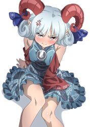 Rule 34 | 1girl, anger vein, blue dress, blue ribbon, blush, breasts, closed mouth, curled horns, dress, earrings, feet out of frame, grey hair, gyouza (mhea5724), highres, horn ornament, horn ribbon, horns, jewelry, looking at viewer, pointy ears, pout, red dress, red eyes, red horns, ribbon, sheep horns, short hair, simple background, small breasts, solo, touhou, toutetsu yuuma, white background