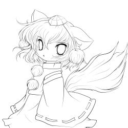 Rule 34 | 1girl, absurdres, animal ears, chibi, detached sleeves, fang, female focus, greyscale, hat, highres, inubashiri momiji, lineart, monochrome, solo, tail, tokin hat, touhou, transparent background, wolf ears, wolf tail, yume shokunin