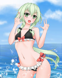 Rule 34 | 10s, 1girl, :d, beach, bikini, black bikini, black bow, blush, bow, breasts, bubble, chachabuu, collarbone, cowboy shot, elf, fang, frilled bikini, frills, goblin slayer!, green eyes, green hair, hair bow, high elf archer (goblin slayer!), highres, looking at viewer, low ponytail, navel, ocean, open mouth, pointy ears, red bow, sidelocks, small breasts, smile, solo, swimsuit, v, water