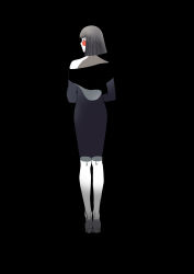 Rule 34 | 1girl, absurdres, bare shoulders, black background, black dress, black theme, clarri, remembrance of earth&#039;s past, dress, from behind, full body, highres, limited palette, pale skin, shoes, simple background, solo, sophon, standing