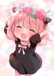 Rule 34 | 1girl, ahoge, anya (spy x family), arms up, black dress, blue flower, blush, bow, closed eyes, commentary request, dress, eyelashes, floral background, flower, grey socks, hair between eyes, hands up, happy, head wreath, highres, leaf, long sleeves, nanami ayane (kusunoki5050), open mouth, pink background, pink flower, pink hair, pink rose, rose, short hair, smile, socks, solo, spy x family, standing, teeth, tongue, white bow, white flower