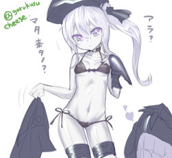 Rule 34 | 10s, 1girl, abyssal ship, alternate costume, bare shoulders, bikini, black bikini, breasts, cheese (cheese koubou), chizu, colored skin, destroyer princess, covered erect nipples, hand on own chest, kantai collection, long hair, looking at viewer, monochrome, navel, partially visible vulva, purple eyes, side-tie bikini bottom, side ponytail, simple background, small breasts, solo, stomach, swimsuit, white hair, white skin