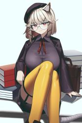 Rule 34 | 1girl, animal ear fluff, animal ears, arknights, black hat, black jacket, black shirt, black skirt, blush, book, book stack, breasts, briefcase, brown hair, closed mouth, collared shirt, convenient leg, feet out of frame, garter straps, glasses, hat, highres, huge breasts, jacket, knees up, long sleeves, looking at viewer, miniskirt, neck ribbon, official alternate costume, open clothes, open jacket, red eyes, red ribbon, ribbon, round eyewear, school briefcase, shirt, short hair, siguya, simple background, sitting, skirt, smile, solo, tail, thighhighs, utage (arknights), utage (disguise) (arknights), white background, yellow thighhighs