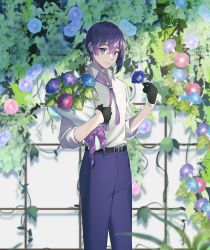 Rule 34 | 1boy, absurdres, black gloves, blue eyes, blue flower, bouquet, closed mouth, collared shirt, commission, copyright request, flower, gloves, hair between eyes, half gloves, highres, holding, holding flower, long sleeves, looking at viewer, male focus, hugging object, pants, purple flower, purple hair, purple pants, red flower, sakura chiyo (konachi000), shirt, smile, solo, standing, virtual youtuber, white shirt