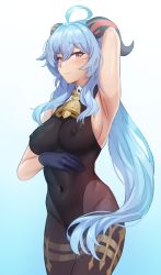 Rule 34 | 1girl, arm behind head, armpits, bell, blue background, blue gloves, blue hair, bodysuit, breasts, closed mouth, covered erect nipples, covered navel, cowbell, ganyu (genshin impact), genshin impact, gloves, goat horns, gradient background, hair between eyes, horns, jagaimo (kkamja), large breasts, long hair, looking at viewer, red eyes, solo, very long hair