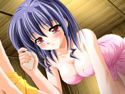 Rule 34 | 1girl, all fours, bare shoulders, blue hair, blush, breasts, cleavage, dutch angle, game cg, impossible towel, large breasts, mixed-sex bathing, naked towel, natsume itsuki, red eyes, shared bathing, soap, solo focus, towel, yakimochi twinbell, yamino kenji