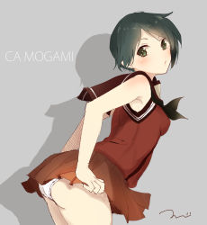 Rule 34 | 10s, 1girl, ass, bare arms, bare shoulders, black neckerchief, blush, character name, from behind, from side, green eyes, green hair, grey background, highres, kantai collection, leaning forward, looking at viewer, looking back, matching hair/eyes, mogami (kancolle), neckerchief, panties, pleated skirt, red shirt, red skirt, sailor, sailor collar, school uniform, serafuku, shirt, short hair, signature, silhouette, simple background, skirt, sleeveless, sleeveless shirt, solo, standing, tebi (tbd11), thighs, underwear, upskirt, white panties