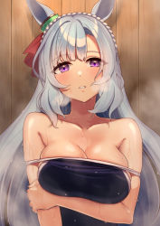 Rule 34 | 1girl, absurdres, against wall, animal ears, arm under breasts, bare shoulders, black one-piece swimsuit, blush, braid, breasts, cleavage, collarbone, competition swimsuit, crown braid, ear ornament, heavy breathing, highres, horse ears, hukahito, large breasts, long hair, looking at viewer, mejiro ardan (umamusume), one-piece swimsuit, parted lips, resolution mismatch, silver hair, skindentation, solo, source larger, strap slip, swimsuit, umamusume, upper body, very long hair, wet, wooden wall