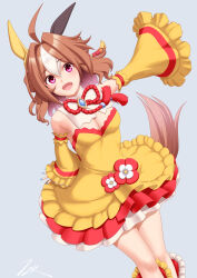 Rule 34 | 1girl, :d, ahoge, animal ears, artist name, bare shoulders, breasts, brooch, brown hair, cleavage, cleavage cutout, clothing cutout, commentary request, copano rickey (umamusume), cowboy shot, detached collar, detached sleeves, double bun, dress, fang, frilled sleeves, frills, hair bun, hand up, highres, horse ears, horse girl, horse tail, jewelry, long hair, long sleeves, looking at viewer, medium breasts, multicolored hair, open mouth, purple eyes, short dress, simple background, smile, solo, standing, strapless, strapless dress, t2r, tail, two-tone hair, umamusume, very long hair, white background, white hair, wide sleeves, yellow dress, yellow sleeves
