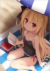 Rule 34 | 1girl, baku-p, barefoot, beach, beach umbrella, black one-piece swimsuit, blonde hair, book, casual one-piece swimsuit, collarbone, fairy wings, from above, knees together feet apart, lily black, lily white, long hair, looking up, one-piece swimsuit, open book, reading, red eyes, ribbon, side ponytail, sitting, solo, swimsuit, touhou, towel, umbrella, very long hair, wings