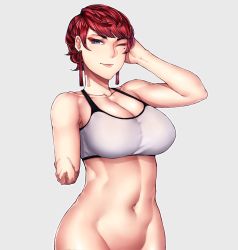 Rule 34 | 1girl, absurdres, amputee, breasts, closed mouth, commentary, earrings, english commentary, eyeliner, highres, jewelry, large breasts, looking at viewer, makeup, mole, mole under eye, nattapuumuu, navel, one eye closed, original, purple eyes, red hair, scar, short hair, simple background, smile, solo, sports bra