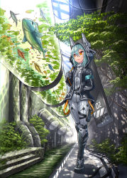 Rule 34 | 1girl, aqua hair, armband, bodysuit, commentary request, cyborg, fish, gia, grey bodysuit, hand in pocket, headgear, highres, hood, hood up, hooded jacket, indoors, jacket, medium hair, open clothes, open jacket, orange eyes, original, plant, pouch, solo, thigh pouch, thigh strap, tree, tube, walking