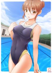Rule 34 | 1girl, 2016, artist name, bad id, bad pixiv id, blue sky, blush, brown eyes, brown hair, cloud, collarbone, competition swimsuit, covered navel, dated, day, eyebrows, fence, forest, hair between eyes, hair bun, hand up, highres, long hair, looking at viewer, nature, one-piece swimsuit, open mouth, original, outdoors, pool, shiny skin, sidelocks, single hair bun, skin tight, sky, solo, standing, swimsuit, thealagator