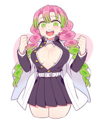 Rule 34 | 1girl, belt, black skirt, blush, braid, breasts, chan co, cleavage, clenched hands, coat, cowboy shot, gradient hair, green eyes, green hair, haori, heart, japanese clothes, kanroji mitsuri, kimetsu no yaiba, large breasts, long hair, long sleeves, looking at viewer, miniskirt, mole, mole under eye, multicolored hair, no bra, open mouth, partially unbuttoned, pink hair, pleated skirt, simple background, skirt, smile, solo, sweat, thighs, tri braids, twin braids, two-tone hair, uniform, white background, wide sleeves