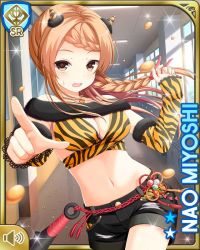 Rule 34 | 1girl, :o, black shorts, boots, bow, braid, brown eyes, brown hair, card, character name, collarbone, day, elbow gloves, girlfriend (kari), gloves, horns, indoors, long hair, miyoshi nao, official art, oni, oni horns, open mouth, orange sports bra, qp:flapper, shirt, shorts, solo, sports bra, standing, tagme, tiger stripes, yellow gloves