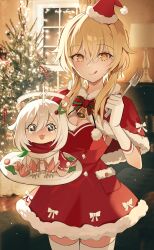Rule 34 | 2girls, :q, absurdres, alternate costume, blonde hair, capelet, christmas, christmas tree, closed mouth, commentary, cowboy shot, dress, fork, genshin impact, gloves, hair between eyes, hand up, hat, highres, holding, holding fork, indoors, kkubuk92, long hair, looking at viewer, lumine (genshin impact), multiple girls, open mouth, paimon (genshin impact), photo background, red capelet, red dress, santa hat, smile, tearing up, tiger, tongue, tongue out, white gloves, white hair, white tiger, yellow eyes