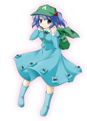 Rule 34 | 1girl, backpack, bag, blue hair, blush, boots, female focus, flat cap, full body, green eyes, hair bobbles, hair ornament, hat, kawashiro nitori, knee boots, long sleeves, looking at viewer, rubber boots, short hair, simple background, solo, standing, takoyaki1116, takoyaki (takoyaki-batake), touhou, twintails, two side up, white background