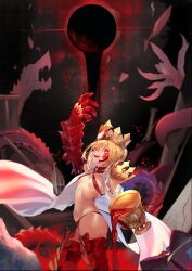 Rule 34 | 1girl, absurdres, ahoge, arm up, bikini, blonde hair, braid, breasts, chalice, criss-cross halter, crown, cup, dragon claw, dragon tail, elbow gloves, facial mark, fate/grand order, fate/grand order arcade, fate (series), french braid, gloves, hair bun, hair intakes, hair ribbon, halterneck, highres, hiro (hirohiro gorira), long hair, looking at viewer, navel, nero claudius (fate), nero claudius (fate) (all), open clothes, open mouth, pointy ears, queen draco (fate), queen draco (second ascension) (fate), red bikini, red eyes, red ribbon, revealing clothes, revision, ribbon, robe, scales, single hair bun, small breasts, smile, solo, swimsuit, tail, thighs, tongue, tongue out, white gloves, white robe