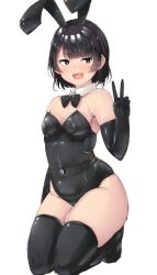 Rule 34 | 1girl, absurdres, animal ears, bare shoulders, black eyes, black hair, breasts, cleavage, covered navel, detached collar, highres, kneeling, looking at viewer, medium breasts, open mouth, original, plump, rabbit ears, shinonon (iso shino), short hair, small breasts, smile, solo, thick thighs, thighhighs, thighs, tongue