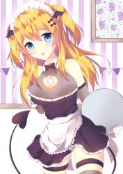 Rule 34 | 1girl, black bow, blonde hair, blue eyes, blush, bow, bow choker, bow hairband, breasts, demon tail, flower, hair ornament, hairband, happy, hose, koron (macarongirl27), looking at viewer, maid, medium breasts, medium hair, moe2021, multicolored background, open mouth, original, parchment, picture frame, ribbon, scroll, smile, solo, standing, tail, tongue, tongue out, tray