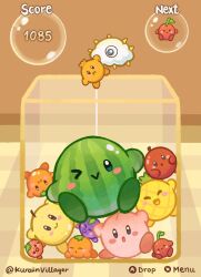 Rule 34 | :i, ;&gt;, alternate color, apple, blush stickers, box, brown background, bubble, cherry, cloud, facing viewer, fake screenshot, food, fruit, highres, in box, in container, kirby, kirby (series), kracko, kurain villager, looking at viewer, lying, nintendo, no humans, on stomach, one-eyed, orange (fruit), parody, peach, pineapple, strawberry, suika game, twitter username, watermelon