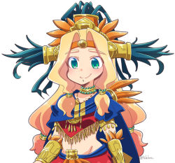 Rule 34 | 1girl, aqua eyes, aztec, beads, blonde hair, blue cape, blush, bracer, breasts, cape, chin piercing, closed mouth, collarbone, eyebrows, eyes visible through hair, fate/grand order, fate (series), groin, hair beads, hair intakes, hair ornament, headband, headdress, jewelry, long hair, low-tied long hair, medium breasts, navel, neck ring, piercing, poncho, quetzalcoatl (fate), simple background, smile, solo, stomach, tsukko (3ki2ne10), twitter username, underboob, upper body, white background